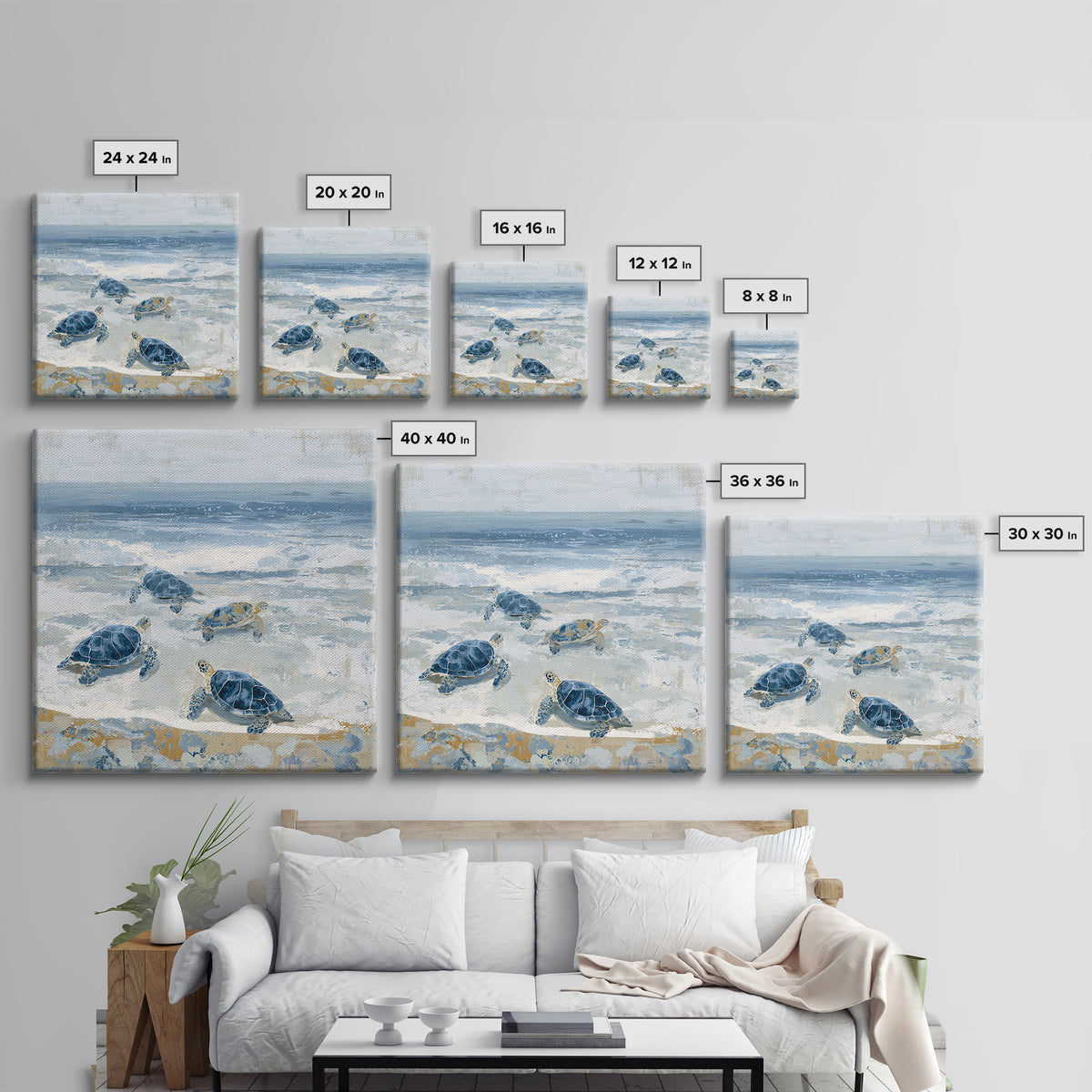 Family of Sea Turtles Crossing Moonlit Sand Framed Canvas Print, Beach Art, Coastal Art, Coastal Decor, Fine Art, Shore, BEA-1x1-38
