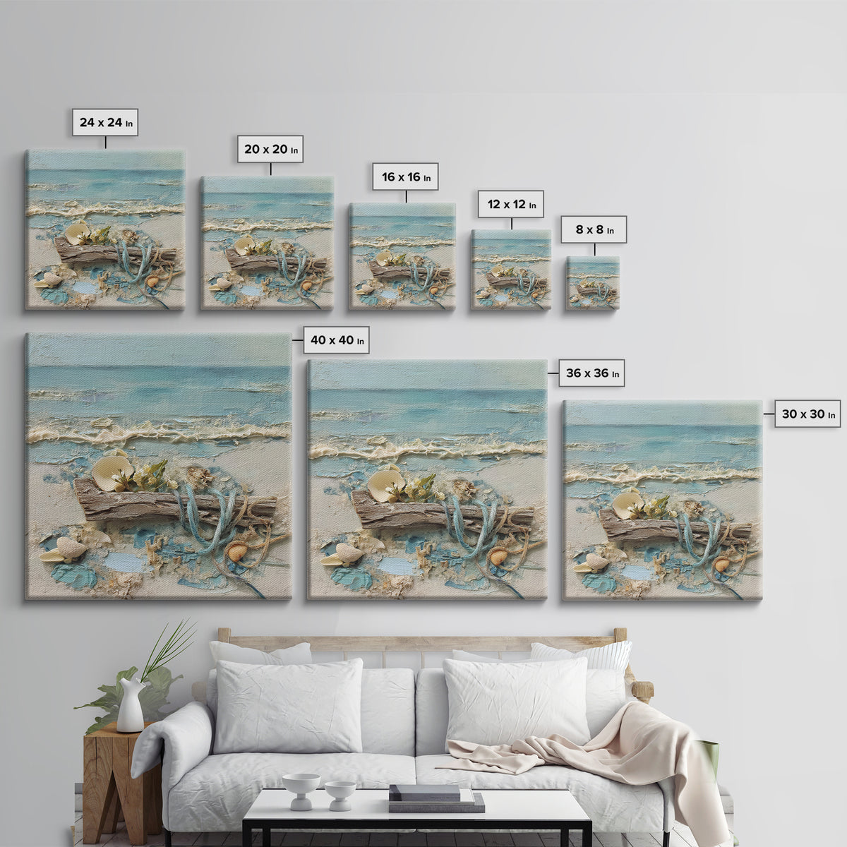 Driftwood and Wildflowers on Sand Framed Canvas Print, Beach Art, Coastal Decor, Oil Painting, Shore, Boho Decor, BEA-1x1-46
