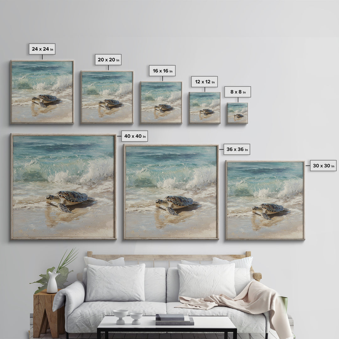 Family of Sea Turtles Crossing Moonlit Sand Framed Canvas Print, Beach Art, Coastal Art, Coastal Decor, Fine Art, Shore, BEA-1x1-62