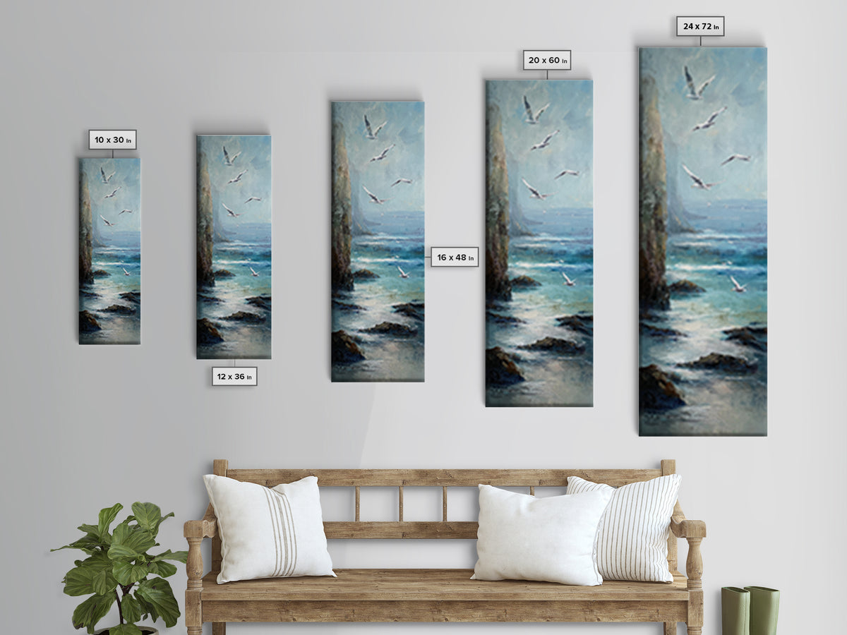Coastal Cliffs with Gulls and Sea Spray Framed Canvas Print, Beach Art, Digital Wall Art, Coastal Decor, Fine Art, Shore, BEA-1x3-47
