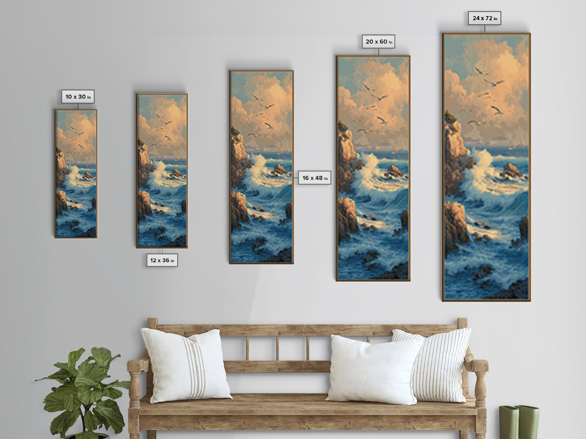 Coastal Cliffs with Gulls and Sea Spray Framed Canvas Print, Beach Art, Nautical Decor, Coastal Decor, Fine Art, Shore, BEA-1x3-71