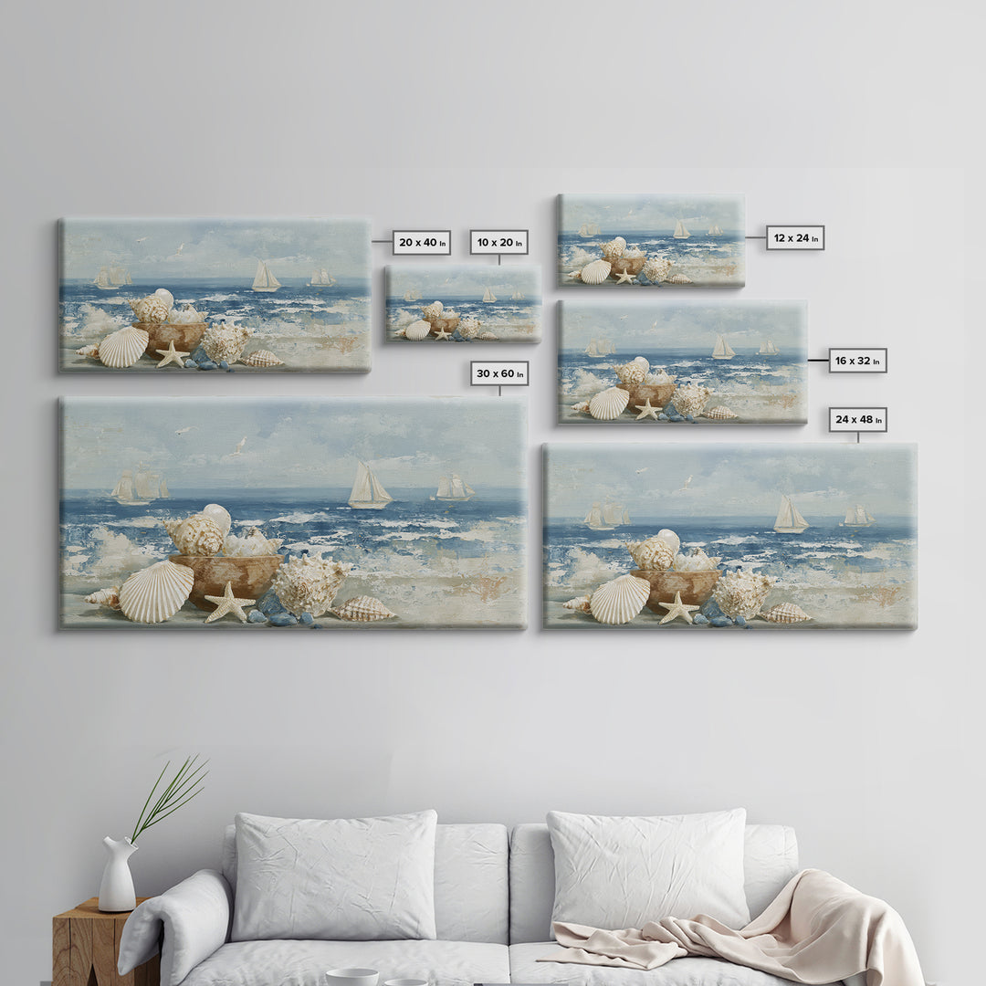 Nautical Rope and Shell Still Life Framed Canvas Print, Beach Art, Minimalist Decor, Coastal Decor, Shore, Original Art, BEA-2x1-13