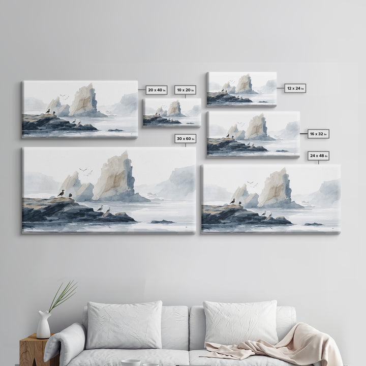 Coastal Cliffs with Gulls and Sea Spray Framed Canvas Print, Beach Art, Art, Coastal Decor, Fine Art, Shore, Abstract Wall Art, BEA-2x1-7