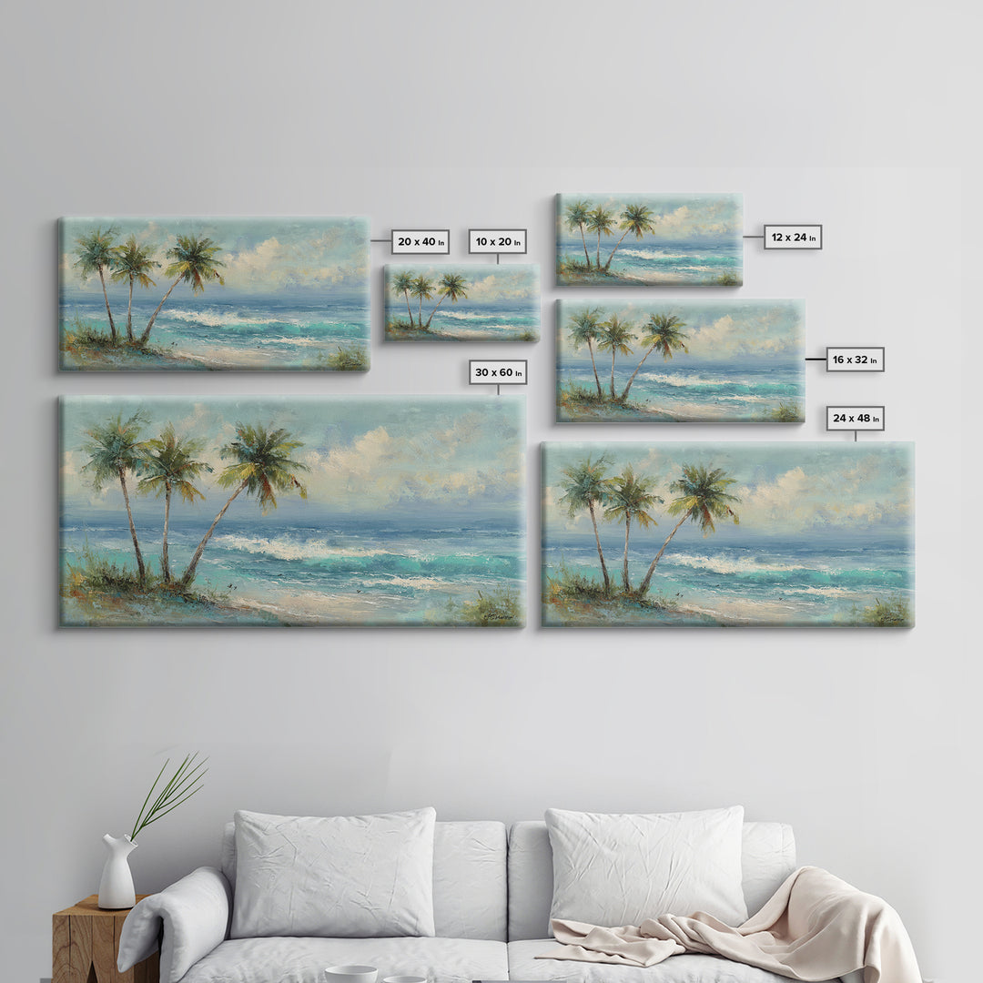 Tropical Palms Leaning Framed Canvas Print, Beach Art, Boho Decor, Coastal Decor, Fine Art, Shore, Art Prints, Digital Art, BEA-2x1-75