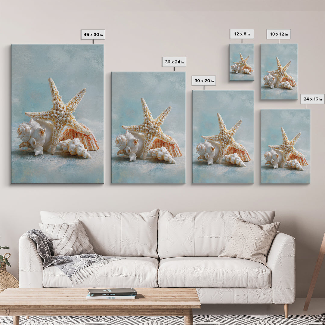 Sun Bleached Starfish and Shells Still Life Framed Canvas Print, Beach Art, Coastal Decor, Oil Painting, Shore, BEA-2x3-21