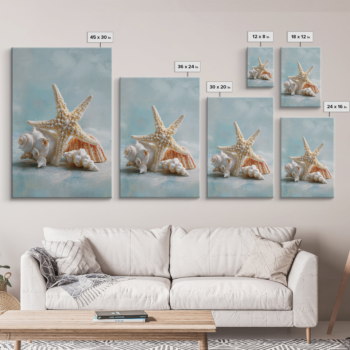 Sun Bleached Starfish and Shells Still Life Framed Canvas Print, Beach Art, Coastal Decor, Oil Painting, Shore, BEA-2x3-21