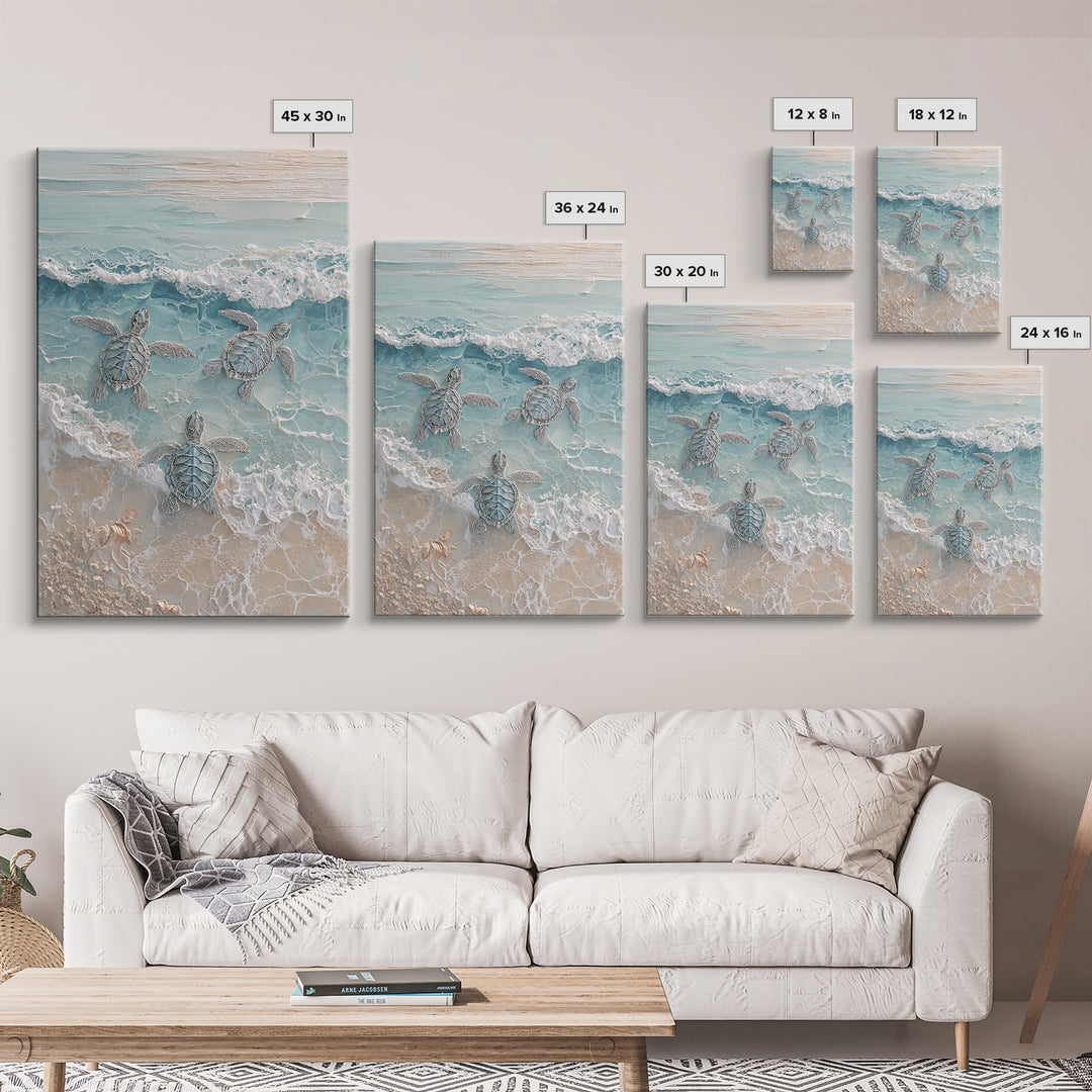 Family of Sea Turtles Crossing Moonlit Sand Framed Canvas Print, Beach Art, Textured Painting, Coastal Decor, Fine Art, Shore, BEA-2x3-22