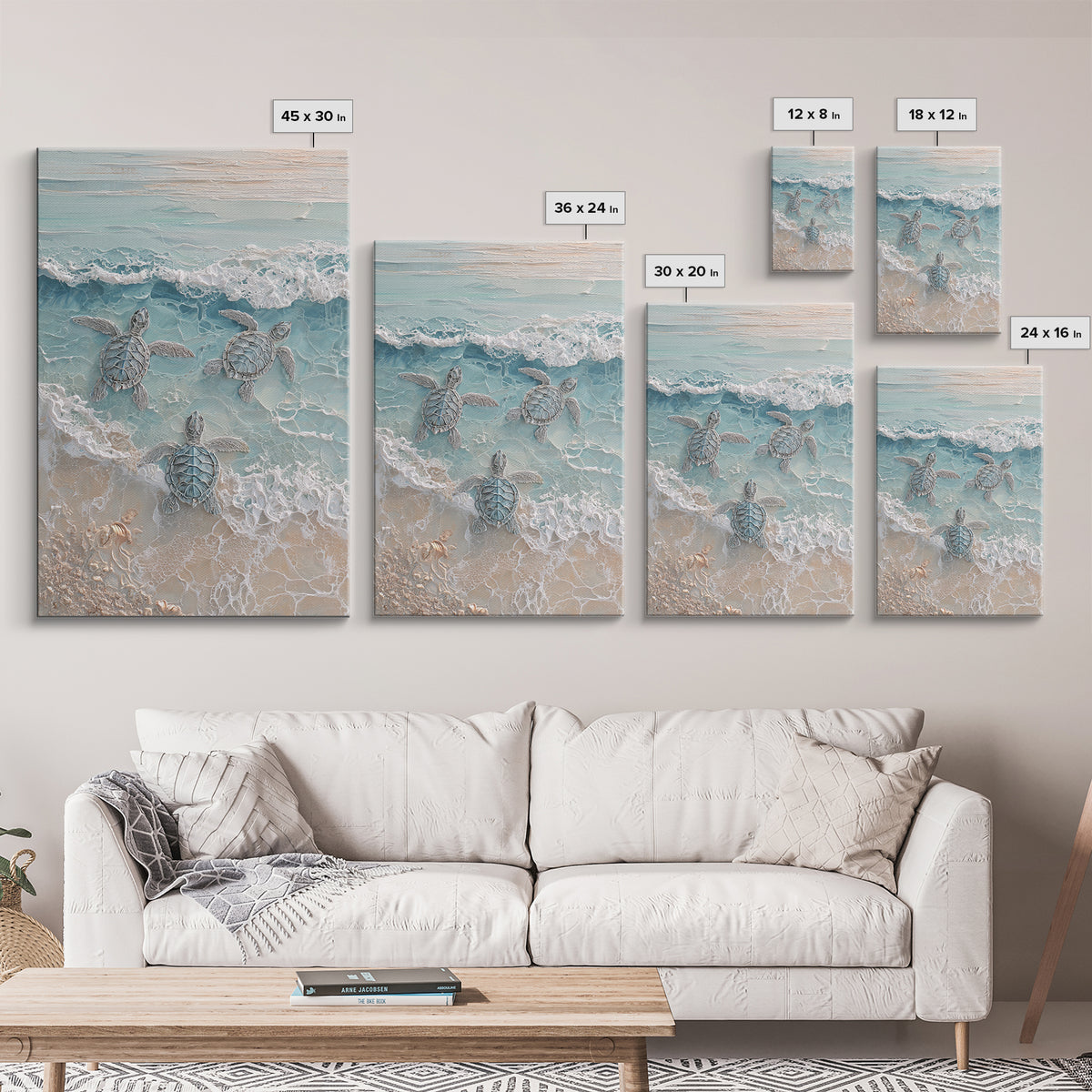 Family of Sea Turtles Crossing Moonlit Sand Framed Canvas Print, Beach Art, Textured Painting, Coastal Decor, Fine Art, Shore, BEA-2x3-22