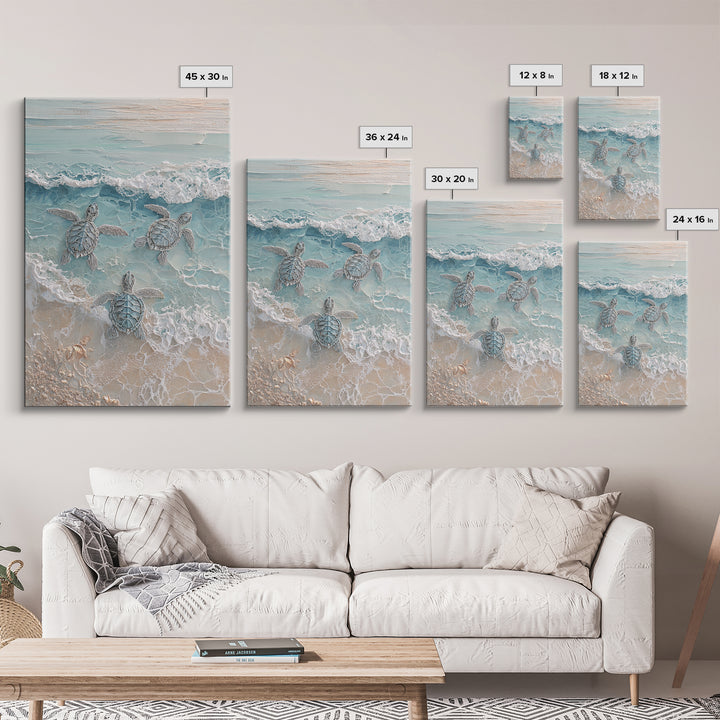 Family of Sea Turtles Crossing Moonlit Sand Framed Canvas Print, Beach Art, Textured Painting, Coastal Decor, Fine Art, Shore, BEA-2x3-22