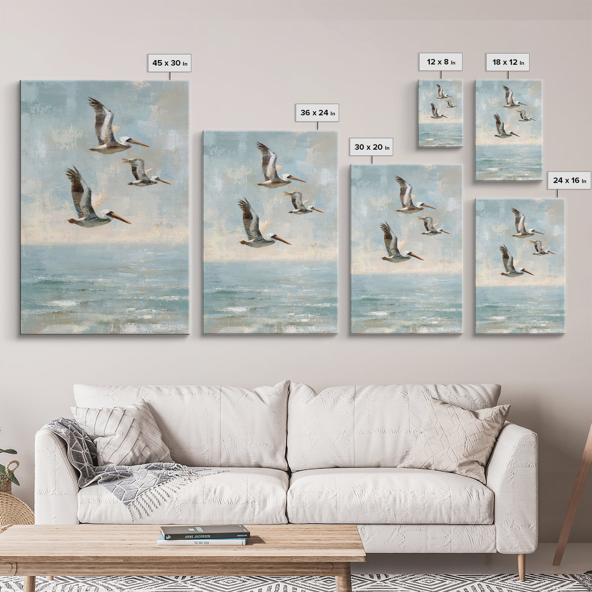 Pelicans Flying Low Framed Canvas Print, Beach Art, Beach Print, Coastal Decor, Fine Art, Shore, Textured Painting, BEA-2x3-3