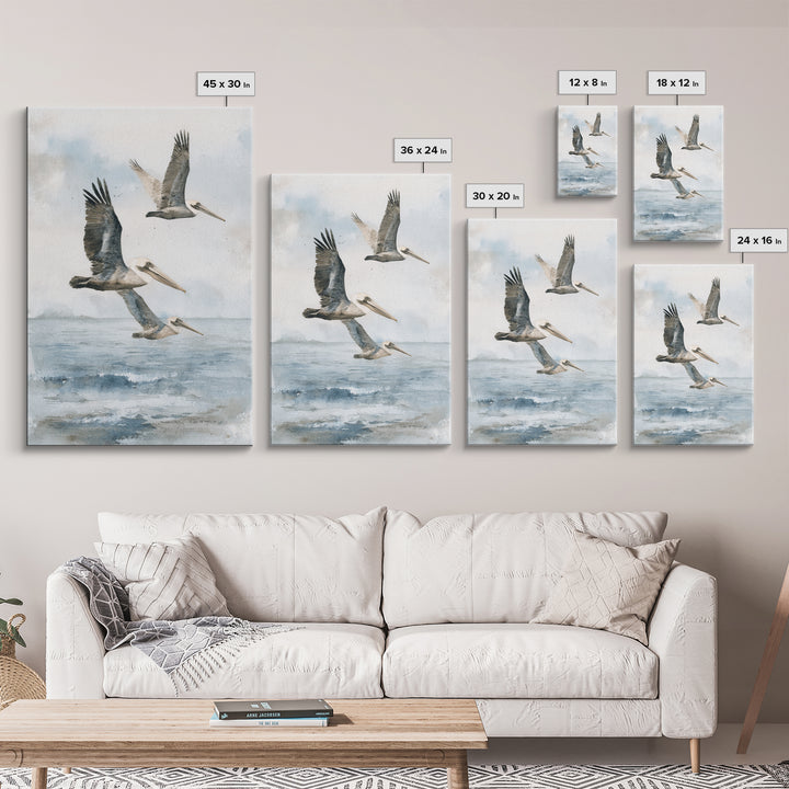 Pelicans Flying Low Framed Canvas Print, Beach Art, Room Decor, Coastal Decor, Oil Painting, Shore, Original Painting, BEA-2x3-51
