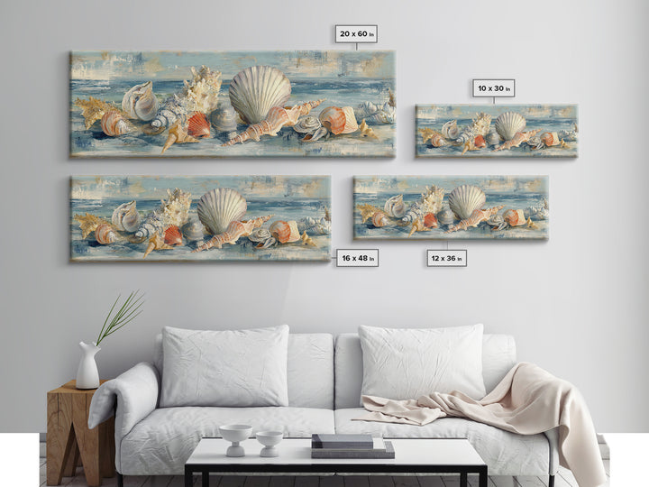 Seashell Collection Painted Like Natural Specimens Canvas Print, Beach Art, Coastal Decor, Shore, Living Room Wall Art, BEA-3x1-68