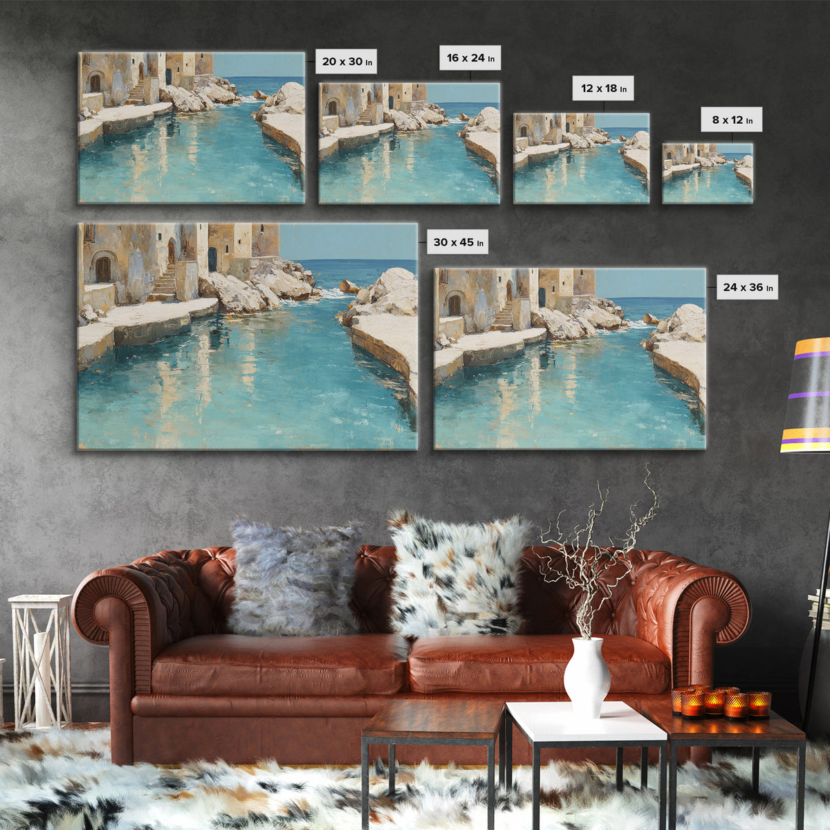 Mediterranean Cove with Clear Water Framed Canvas Print, Beach Art, Whimsical Decor, Coastal Decor, Shore, Beach Print, BEA-3x2-24