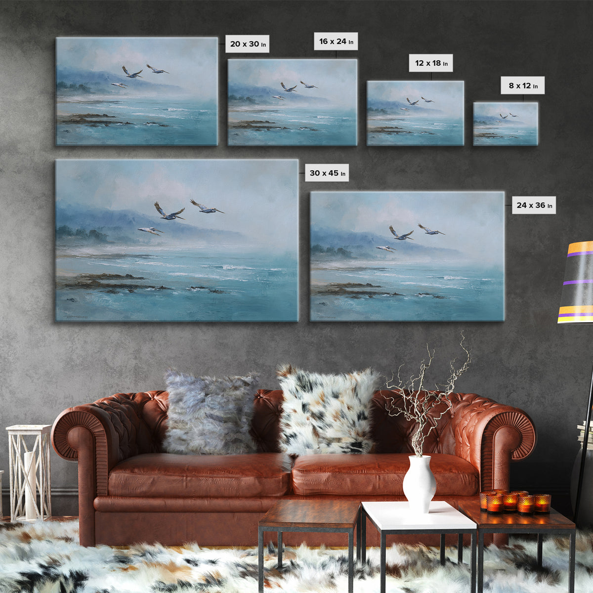 Pelicans Flying Low Framed Canvas Print, Beach Art, Room Decor, Coastal Decor, Oil Painting, Shore, Original Painting, BEA-3x2-47