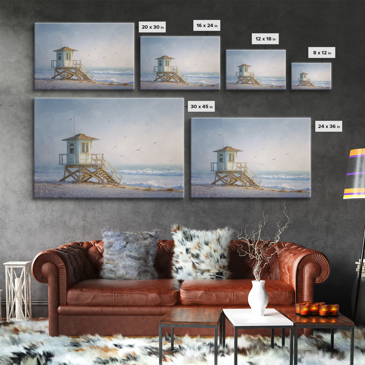 Quiet Lifeguard Tower at Golden Hour Framed Canvas Print, Beach Art, Coastal Decor, Oil Painting, Shore, Whimsical Decor, BEA-3x2-55