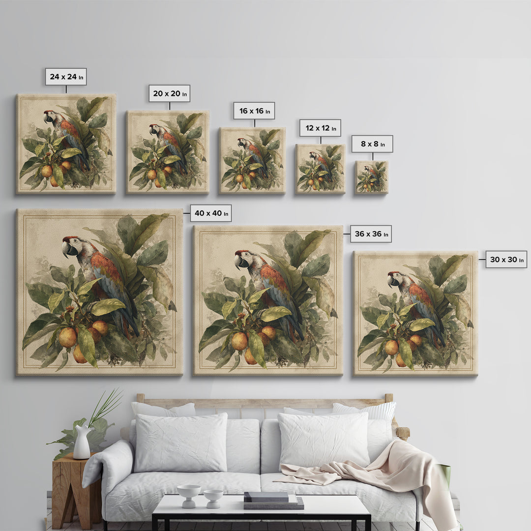 Parrot Among Tropical Leaves and Fruit Canvas Print, Bird Art, Living Room Art, Living Room Decor, Watercolor Art, Flight, BIR-1x1-13