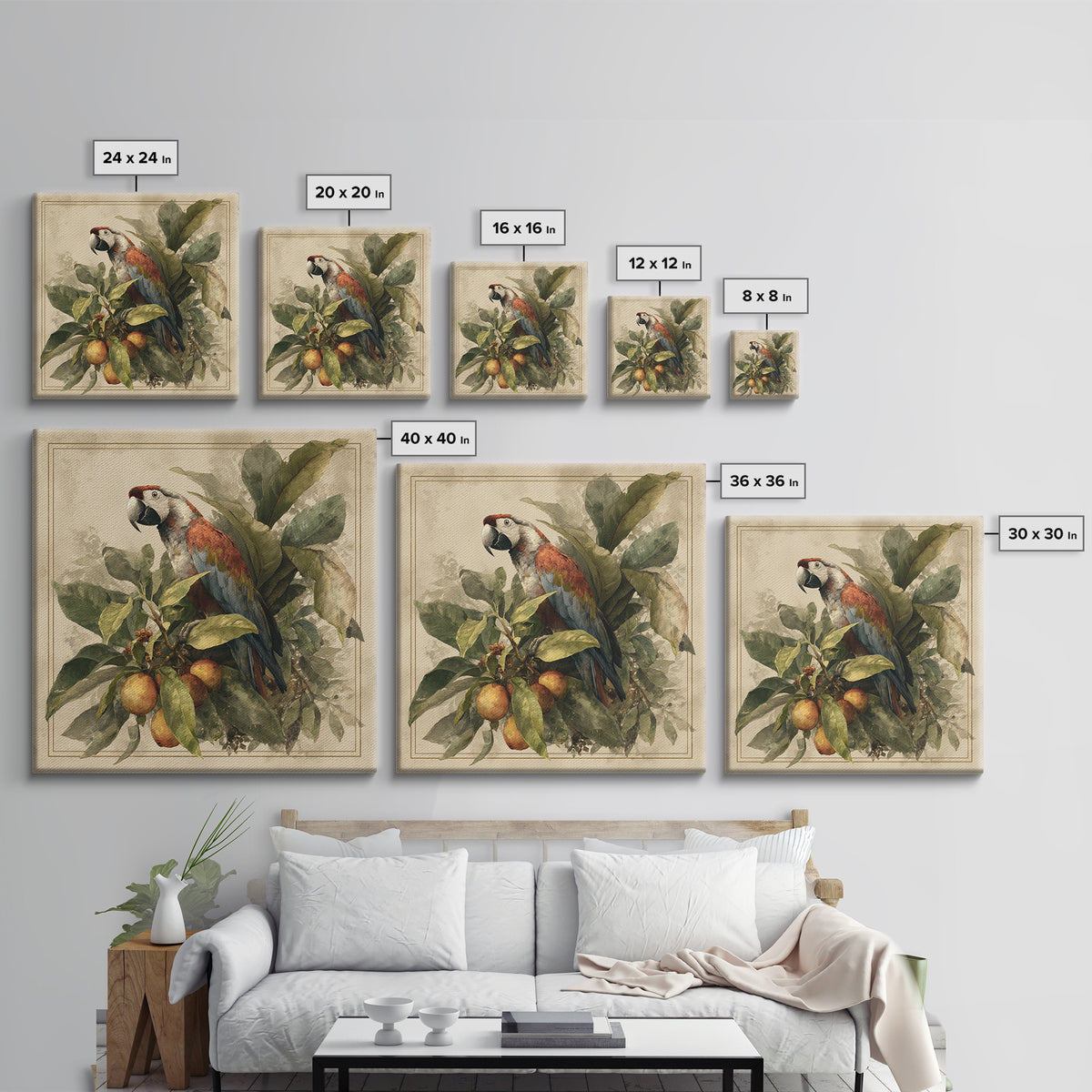Parrot Among Tropical Leaves and Fruit Canvas Print, Bird Art, Living Room Art, Living Room Decor, Watercolor Art, Flight, BIR-1x1-13