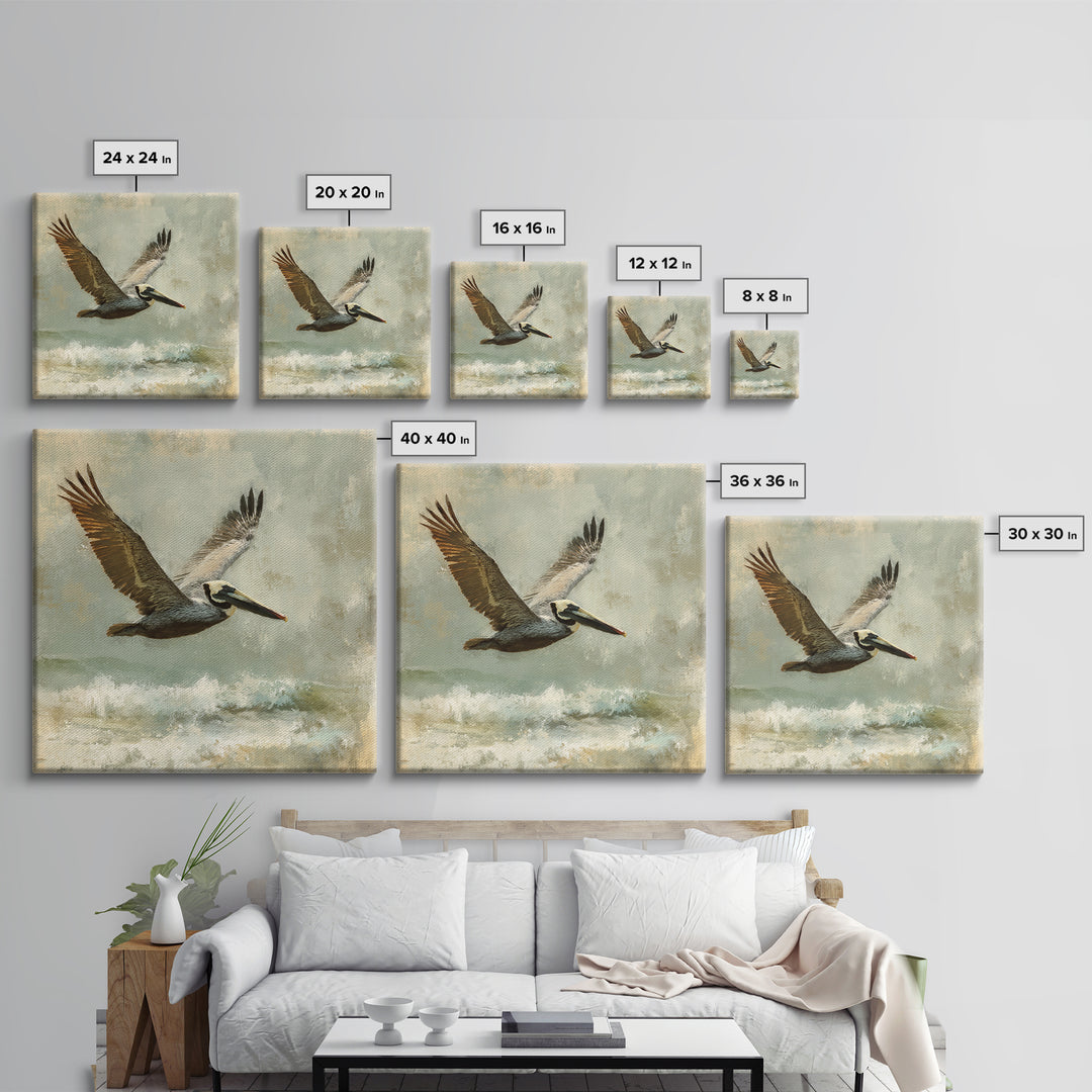 Pelican Flying over Coastal Waves Canvas Print, Bird Art, Modern Art, Living Room Decor, Fine Art, Flight, Floral Art, BIR-1x1-18