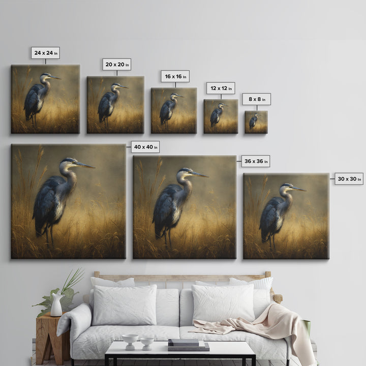 Blue Heron in Misty Marsh Grass Framed Canvas Print, Bird Art, Gallery Wall, Living Room Decor, Fine Art, Flight, Gallery Decor, BIR-1x1-2