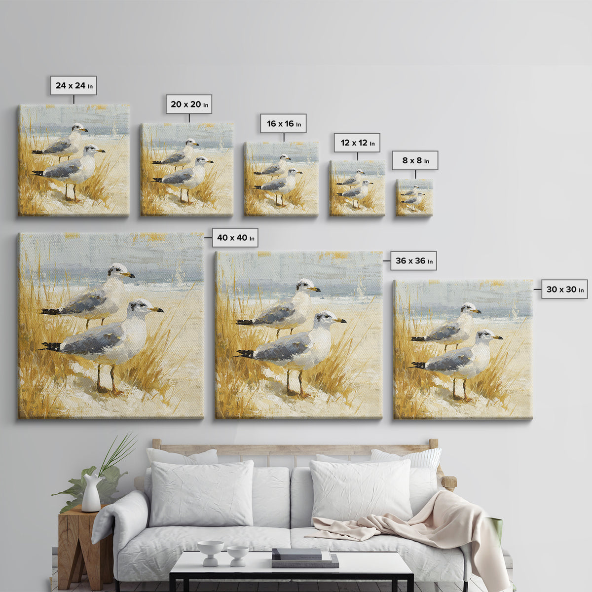 Seagulls Above a Pale Beach Horizon Canvas Print, Bird Art, Mid Century Modern, Living Room Decor, Flight, Botanical Wall Art, BIR-1x1-20