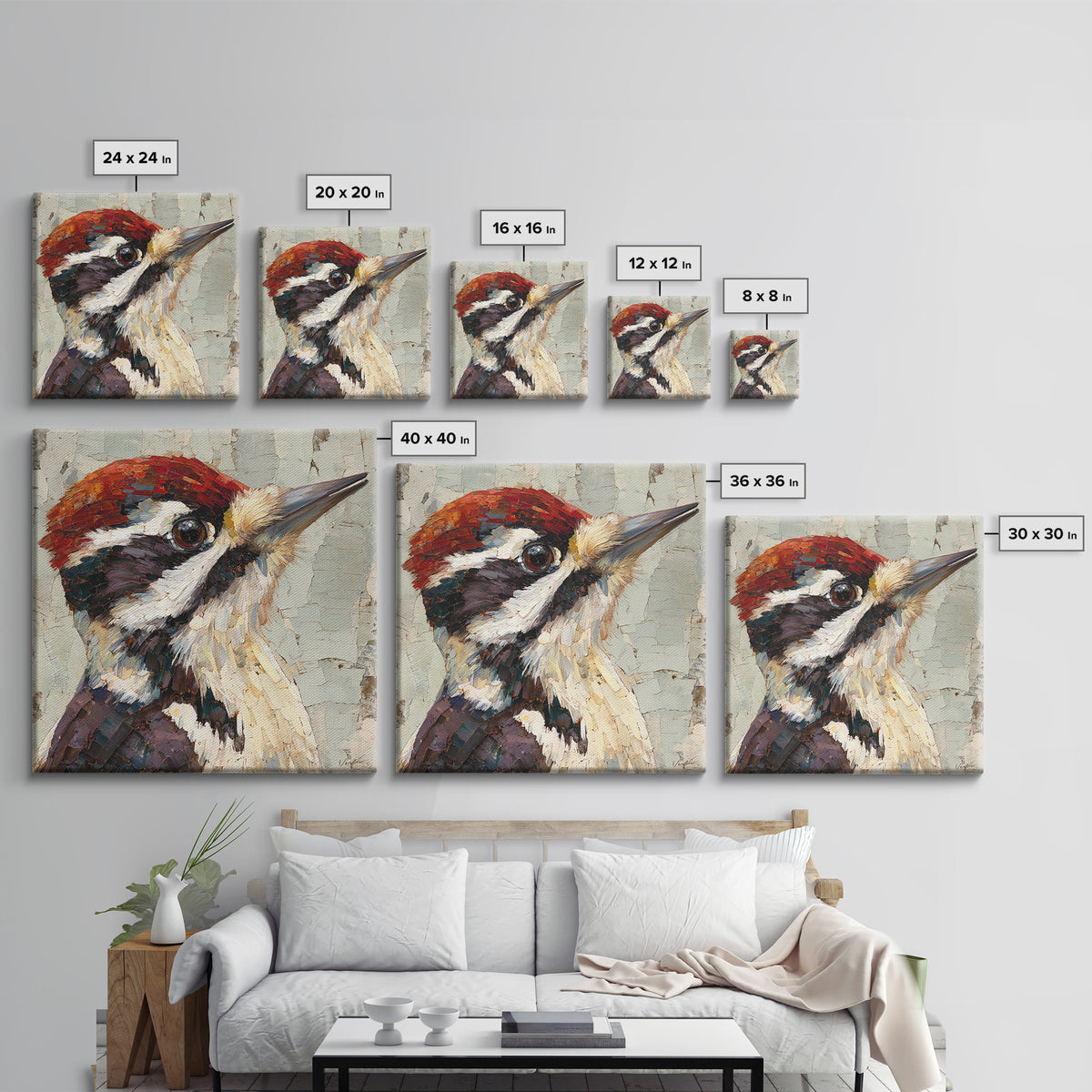 Woodpecker on Birch Bark Texture Framed Canvas Print, Bird Art, Bird Wall Art, Living Room Decor, Fine Art, Flight, Art Print, BIR-1x1-21