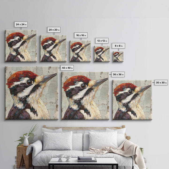 Woodpecker on Birch Bark Texture Framed Canvas Print, Bird Art, Bird Wall Art, Living Room Decor, Fine Art, Flight, Art Print, BIR-1x1-21