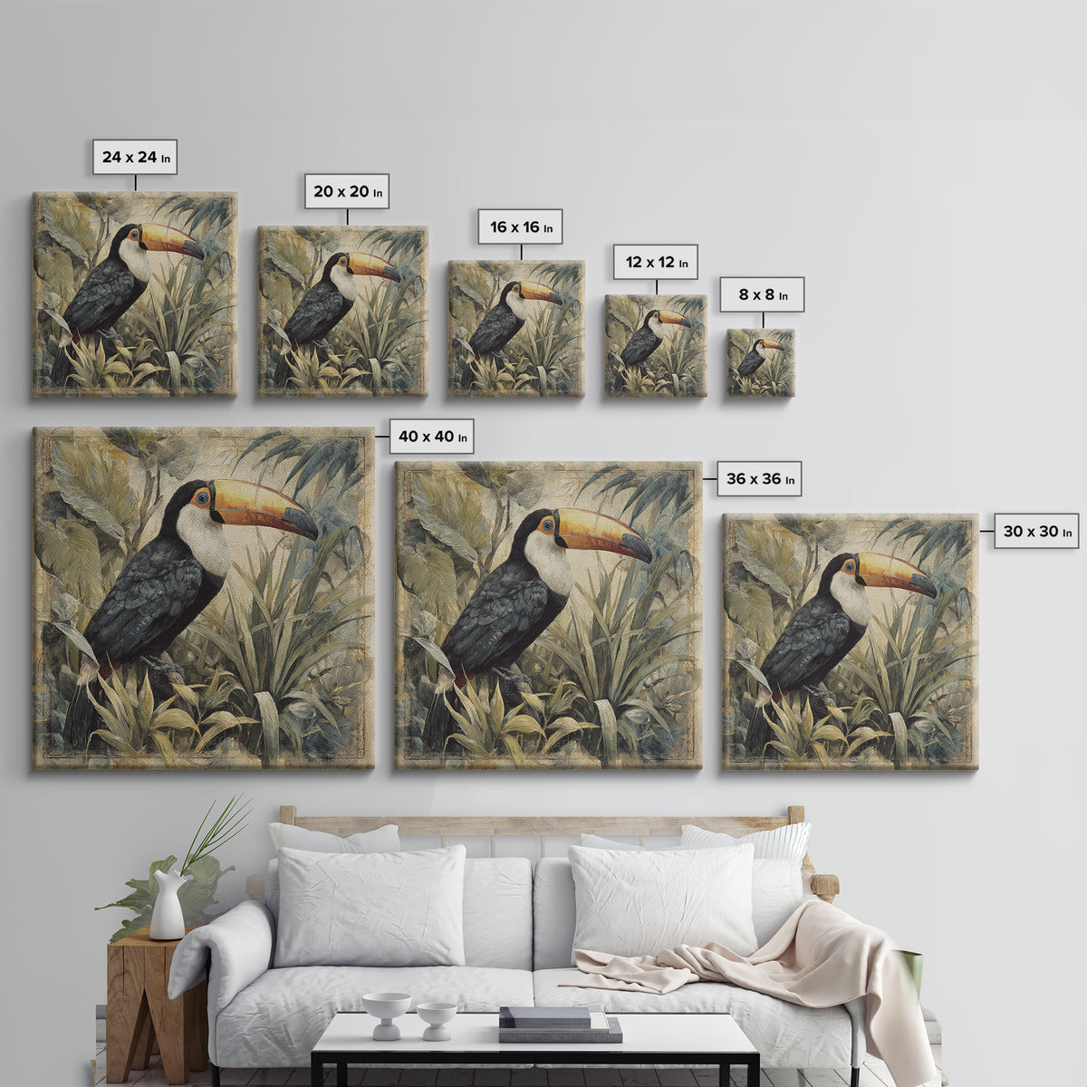 Toucan Framed by Bold Jungle Foliage Canvas Print, Bird Art, Printable Art, Living Room Decor, Flight, Mid Century Wall Art, BIR-1x1-23