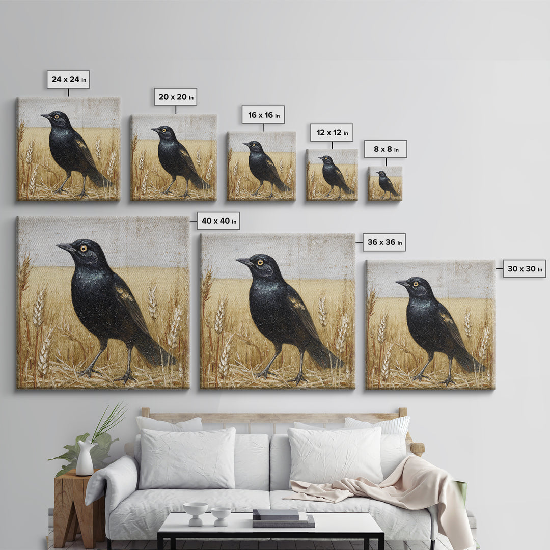 Blackbird on Gold Wheat Field Framed Canvas Print, Bird Art, Nature Prints, Living Room Decor, Watercolor Art, Flight, BIR-1x1-24