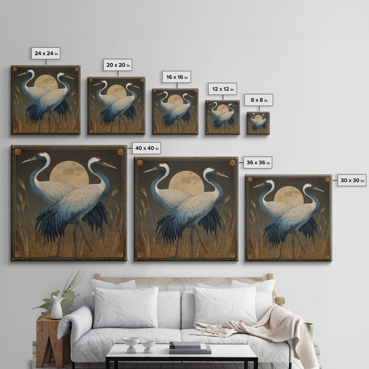 Pair of Cranes Dancing Framed Canvas Print, Bird Art, Living Room Decor, Fine Art, Flight, Rustic Home Decor, Floral Art, BIR-1x1-27