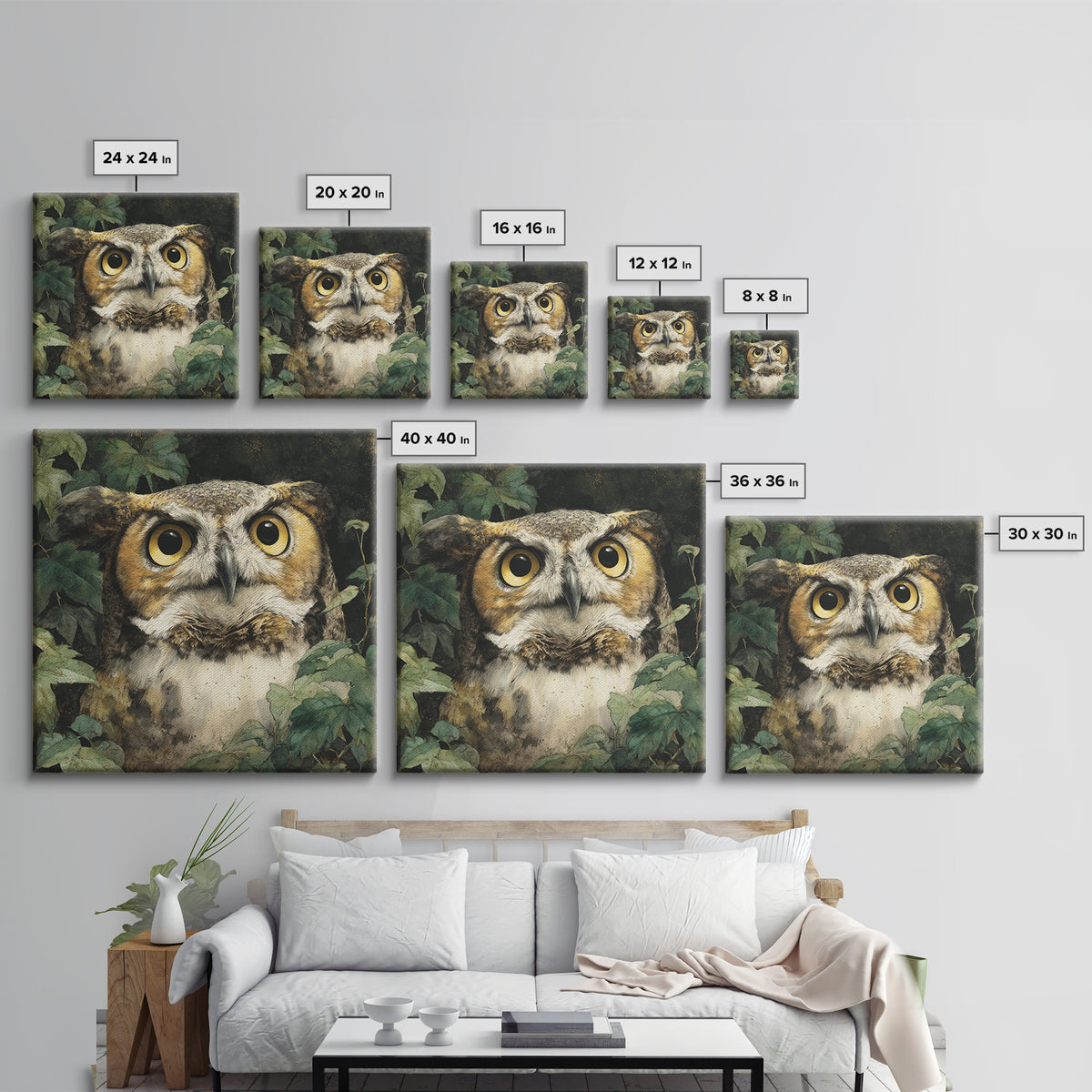 Owl Portrait with Wise Golden Eyes Framed Canvas Print, Bird Art, Fine Art Print, Living Room Decor, Fine Art, Flight, BIR-1x1-29