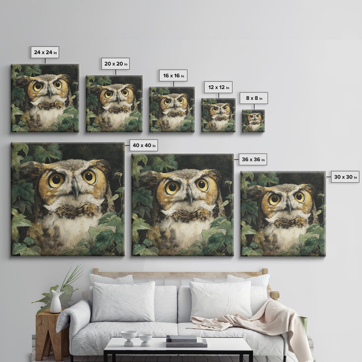 Owl Portrait with Wise Golden Eyes Framed Canvas Print, Bird Art, Fine Art Print, Living Room Decor, Fine Art, Flight, BIR-1x1-29