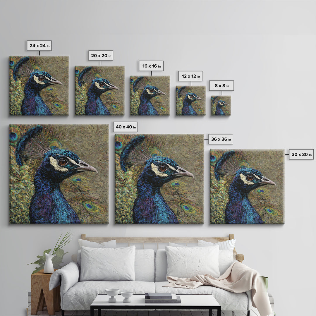 Peacock with Jewel Tone Feather Pattern Canvas Print, Bird Art, Modern Art, Living Room Decor, Fine Art, Flight, Floral Art, BIR-1x1-31