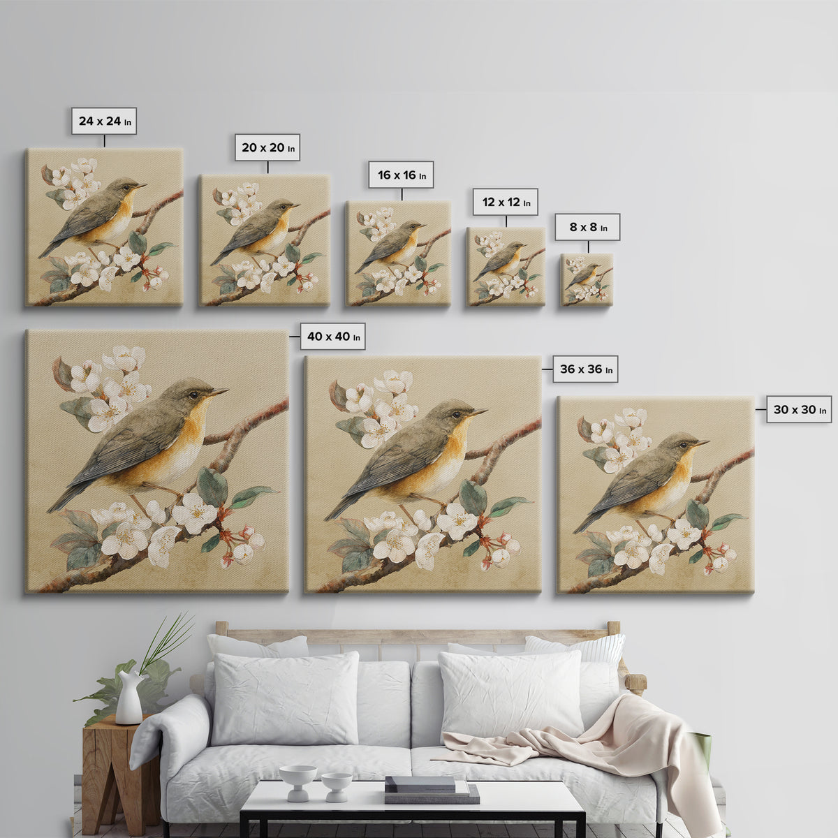 Songbird Perched on Cherry Blossoms Framed Canvas Print, Bird Art, Gallery Decor, Living Room Decor, Fine Art, Flight, BIR-1x1-32