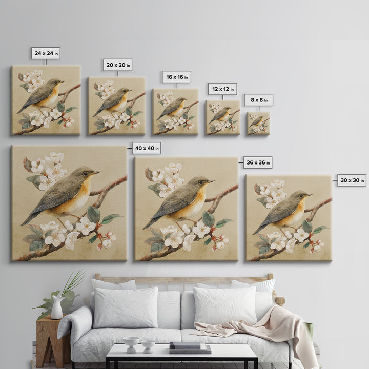 Songbird Perched on Cherry Blossoms Framed Canvas Print, Bird Art, Gallery Decor, Living Room Decor, Fine Art, Flight, BIR-1x1-32