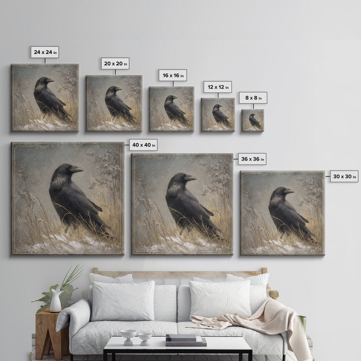 Raven Silhouette with Gothic Atmosphere Framed Canvas Print, Bird Art, Statement Artwork, Living Room Decor, Abstract Art, BIR-1x1-33
