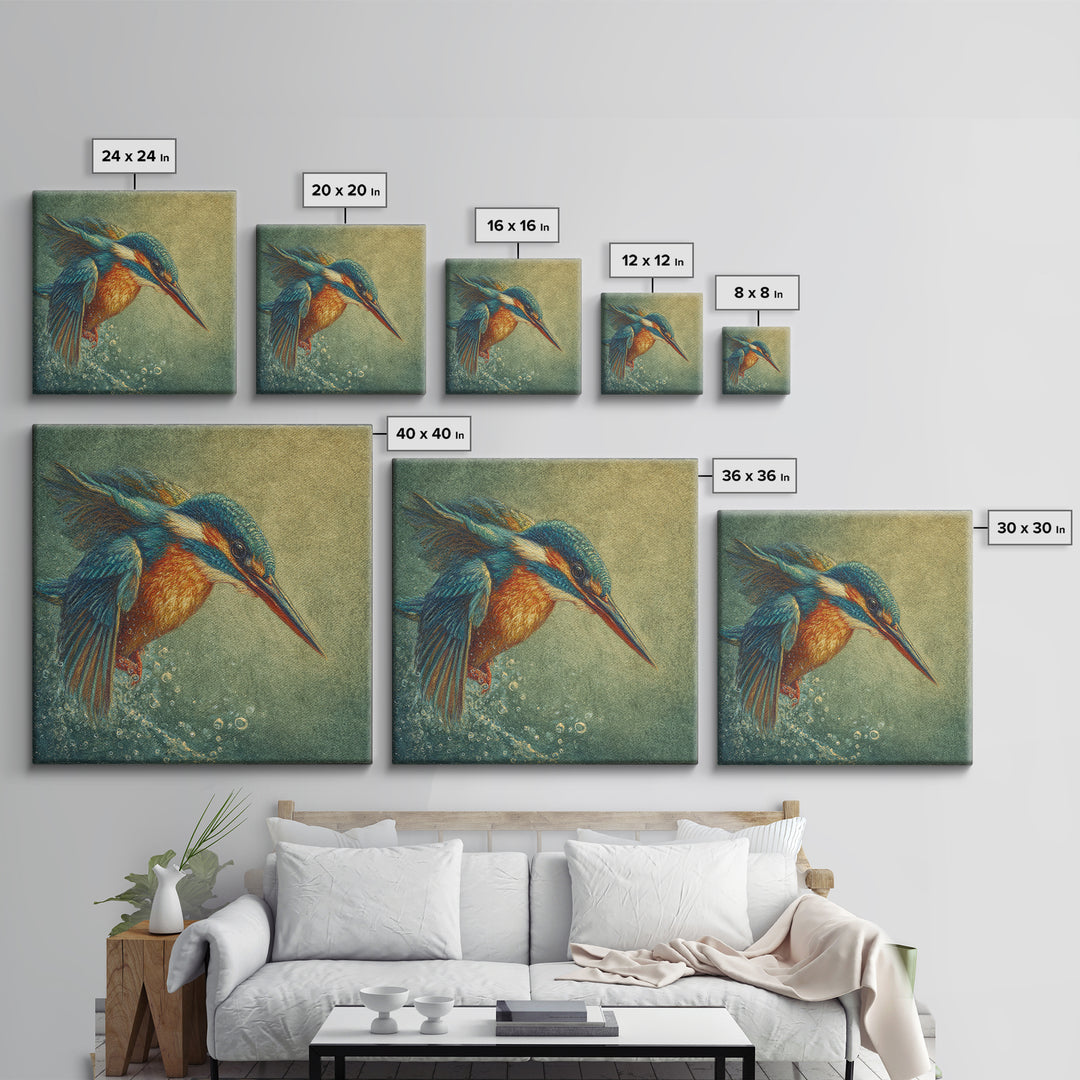 Kingfisher Diving Toward Blue Water Canvas Print, Bird Art, Botanical Wall Art, Living Room Decor, Flight, Forest Wall Art, BIR-1x1-35