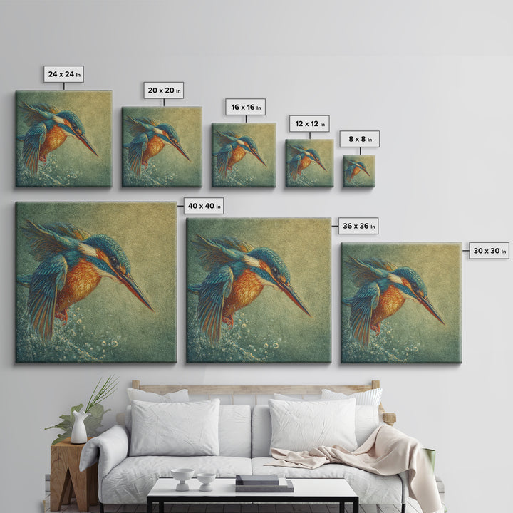 Kingfisher Diving Toward Blue Water Canvas Print, Bird Art, Botanical Wall Art, Living Room Decor, Flight, Forest Wall Art, BIR-1x1-35