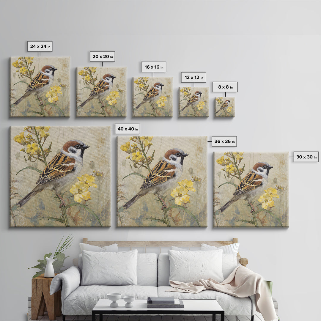 Small Sparrow on Wildflower Stem Framed Canvas Print, Bird Art, Nature Wall Art, Living Room Decor, Fine Art, Flight, BIR-1x1-38