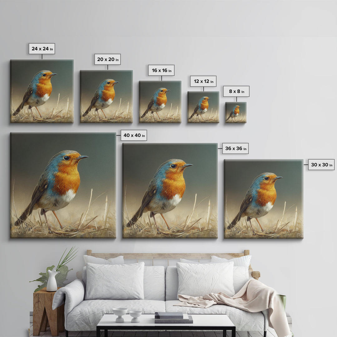 Robin in a Spring Garden with Soft Framed Canvas Print, Bird Art, Gallery Wall, Living Room Decor, Flight, Gallery Decor, BIR-1x1-39