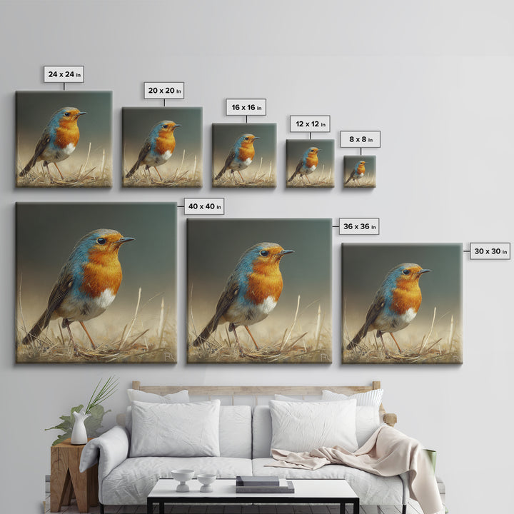 Robin in a Spring Garden with Soft Framed Canvas Print, Bird Art, Gallery Wall, Living Room Decor, Flight, Gallery Decor, BIR-1x1-39