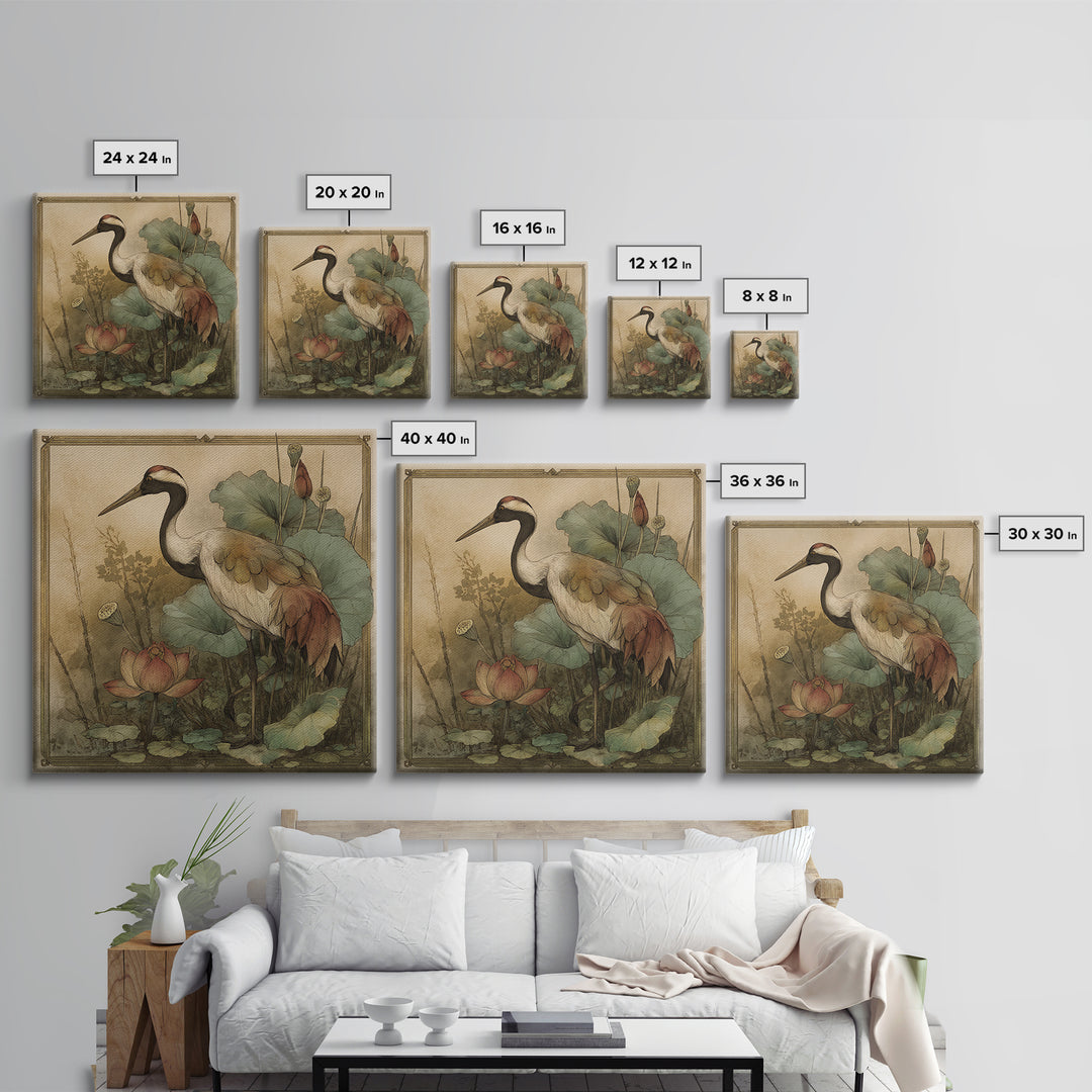 Crane and Lotus Composition Framed Canvas Print, Bird Art, Gallery Decor, Living Room Decor, Fine Art, Flight, Contemporary Art, BIR-1x1-41