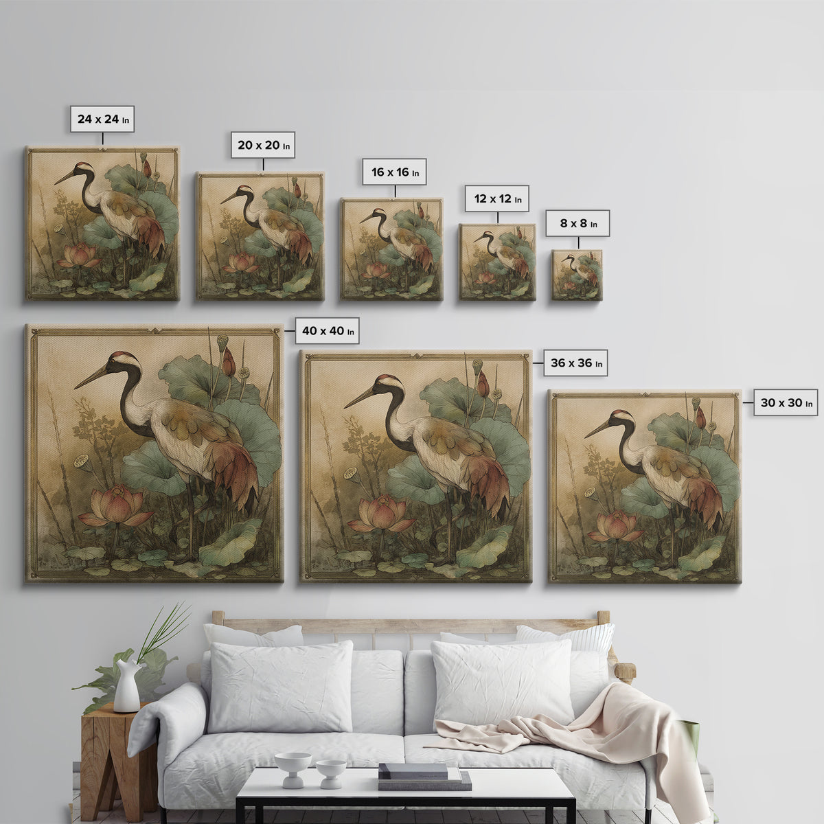 Crane and Lotus Composition Framed Canvas Print, Bird Art, Gallery Decor, Living Room Decor, Fine Art, Flight, Contemporary Art, BIR-1x1-41