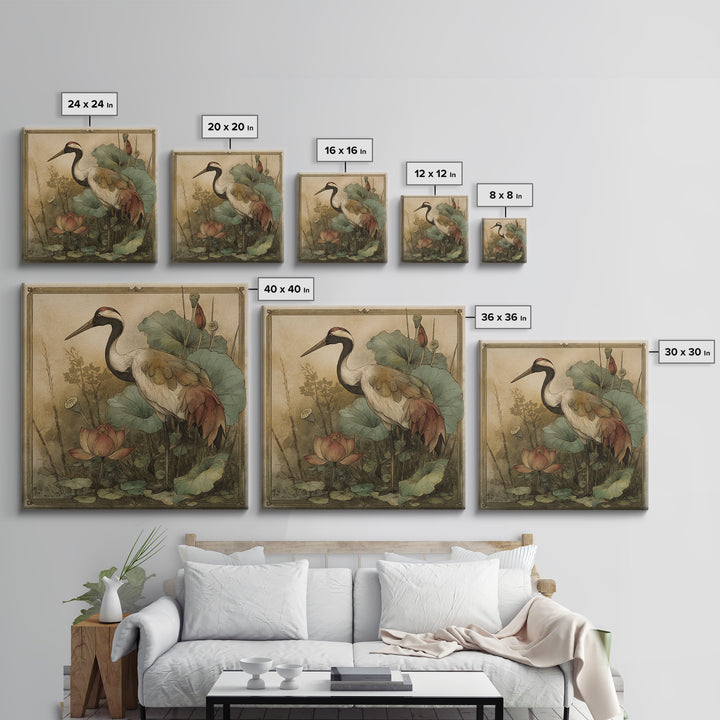 Crane and Lotus Composition Framed Canvas Print, Bird Art, Gallery Decor, Living Room Decor, Fine Art, Flight, Contemporary Art, BIR-1x1-41