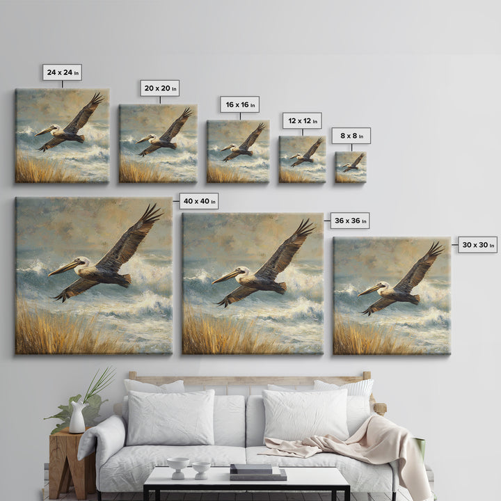 Pelican Flying over Coastal Waves Framed Canvas Print, Bird Art, Digital Download Art, Living Room Decor, Abstract Art, Flight, BIR-1x1-42