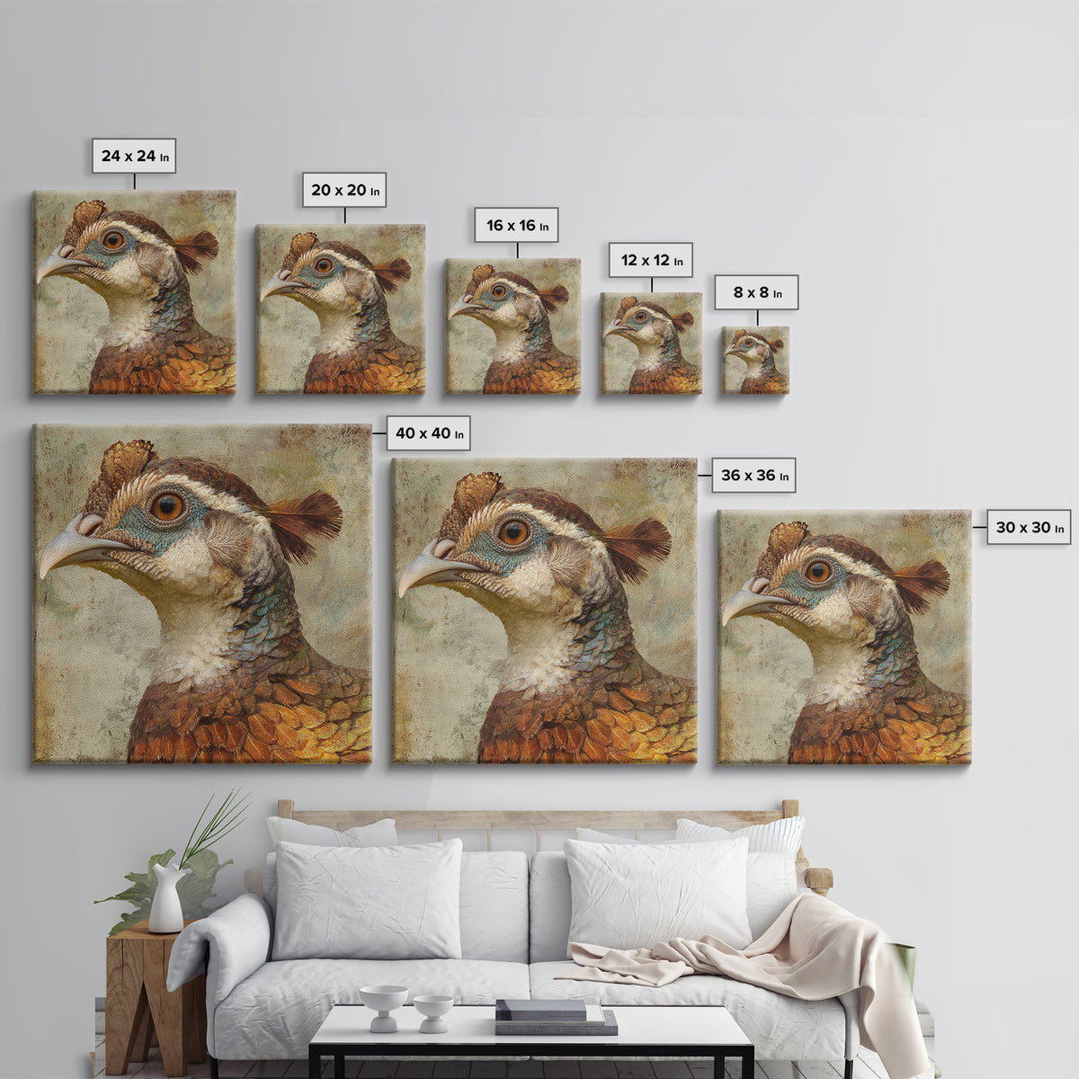 Pheasant with Ornate Feather Details Framed Canvas Print, Bird Art, Mcm Decor, Living Room Decor, Oil Painting, Flight, BIR-1x1-43