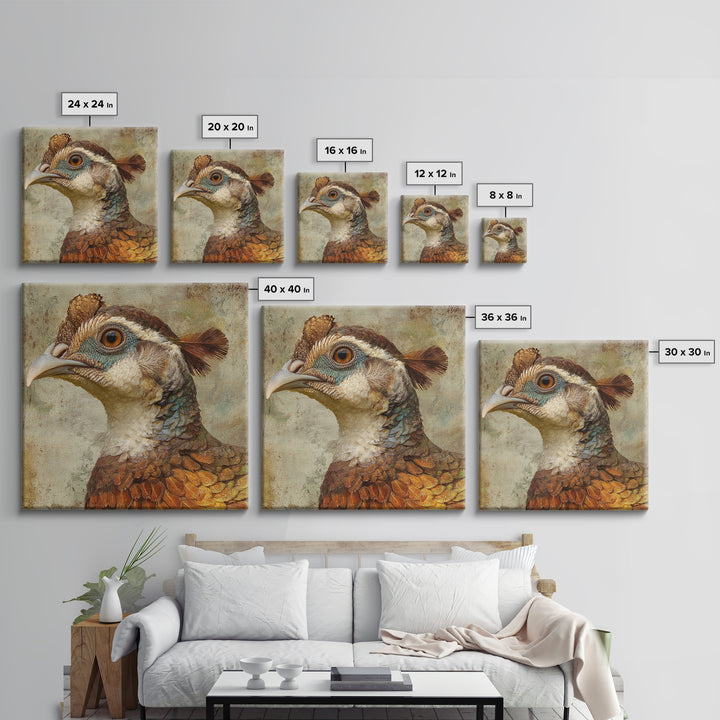 Pheasant with Ornate Feather Details Framed Canvas Print, Bird Art, Mcm Decor, Living Room Decor, Oil Painting, Flight, BIR-1x1-43