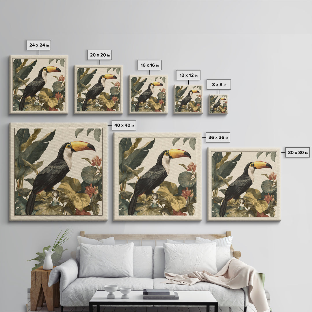 Toucan Framed by Bold Jungle Foliage Framed Canvas Print, Bird Art, Boho Wall Decor, Living Room Decor, Fine Art, Flight, BIR-1x1-47