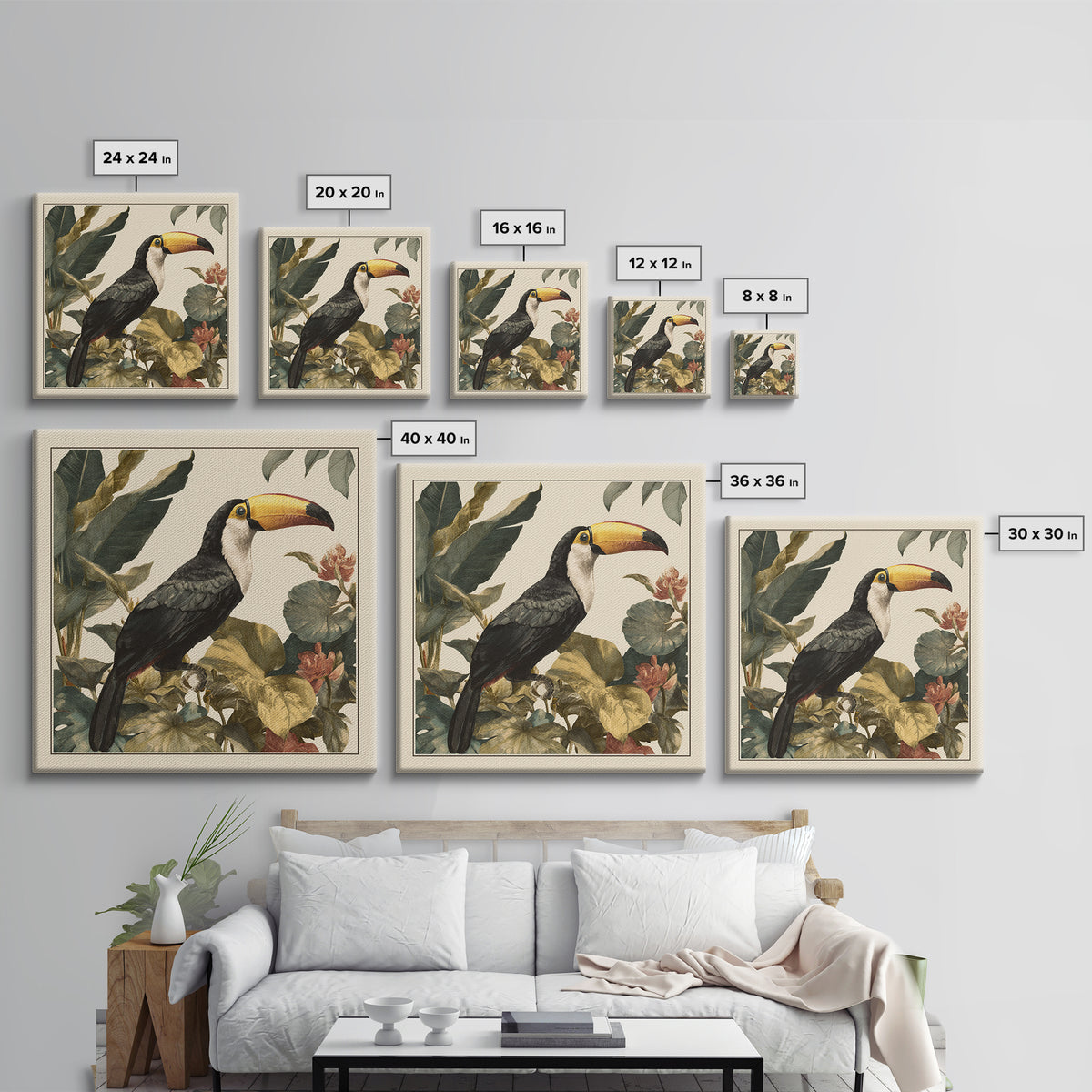 Toucan Framed by Bold Jungle Foliage Framed Canvas Print, Bird Art, Boho Wall Decor, Living Room Decor, Fine Art, Flight, BIR-1x1-47