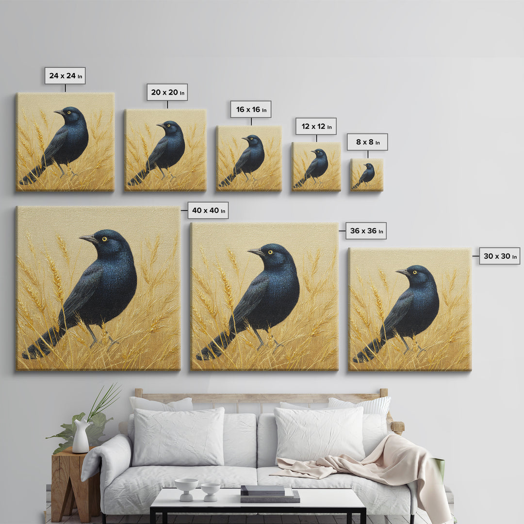 Blackbird on Gold Wheat Field Framed Canvas Print, Bird Art, Wall Decor, Living Room Decor, Fine Art, Flight, Boho Wall Decor, BIR-1x1-48