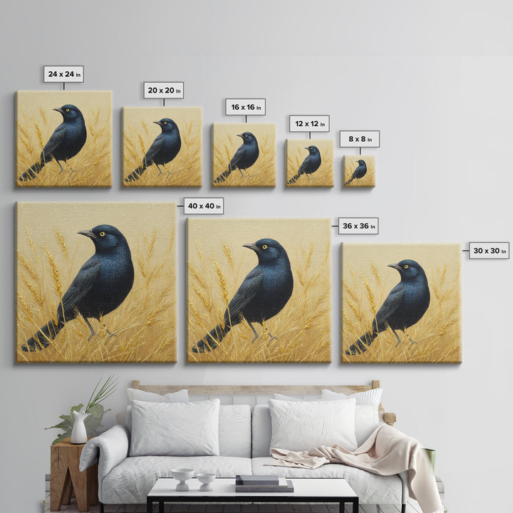 Blackbird on Gold Wheat Field Framed Canvas Print, Bird Art, Wall Decor, Living Room Decor, Fine Art, Flight, Boho Wall Decor, BIR-1x1-48